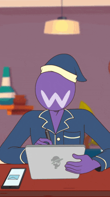 a purple cartoon character with a w on his head