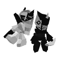 a black and white pixel art of two cartoon characters , one is a robot and the other is a cat .