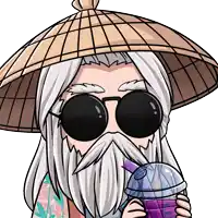 a cartoon of a man with a beard wearing sunglasses and a hat drinking a purple drink