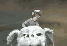 a cartoon of a monkey riding a white dog