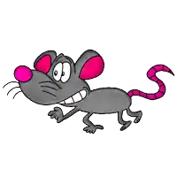 a cartoon mouse with pink ears and a long tail is running .