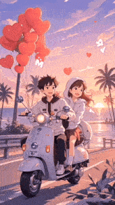a boy and a girl are riding a scooter with hearts shaped balloons .