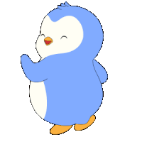 a blue penguin with orange feet is smiling and waving
