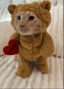 a cat dressed in a teddy bear costume holds a red heart with pandalove written on it