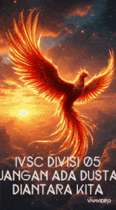 a poster with a phoenix flying in the sky