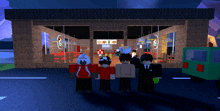 a group of roblox characters standing outside of a restaurant