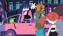 a group of cartoon characters are standing in front of a building with a sign that says baker robot