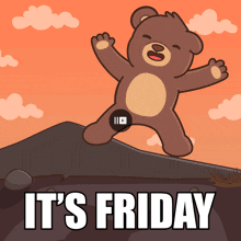 a teddy bear is jumping in the air with the words it 's friday below him