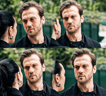 a man with a beard is talking to a woman wearing hoop earrings
