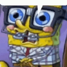 a close up of spongebob wearing glasses and a plaid shirt .