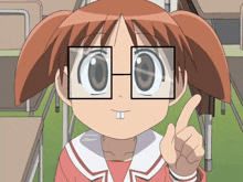 a cartoon girl wearing glasses points her finger upwards