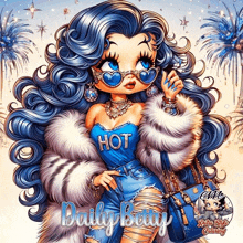 a cartoon drawing of a girl with blue hair and a fur coat that says hot