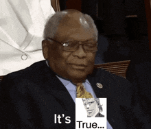 a man in a suit and tie says it 's true next to a picture of a man