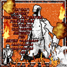 a pixel art of a man standing in front of a fire with the words " do not disturb " written in red letters