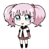 a cartoon of a girl with pink hair and blue eyes