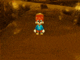 a cartoon character in a blue shirt and red tail is standing in a dark cave