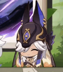 a cartoon character is sitting at a table with her eyes closed and wearing a helmet .