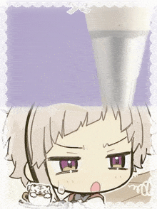 a drawing of a person with a purple eye and a white cat
