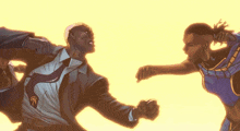 a man in a suit and tie is being punched by another man in a blue shirt