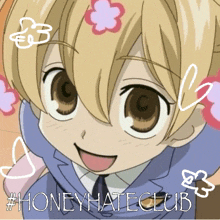 a picture of a girl with a flower in her hair and the words honey hate club