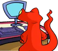 a red cartoon character is looking at a computer monitor