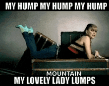 a woman is laying on a suitcase with the words mountain my lovely lady lumps