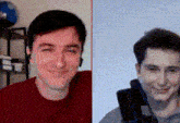 a man in a red shirt smiles next to another man