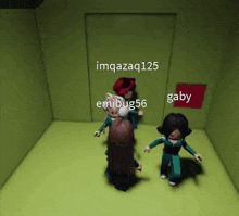 a group of people standing in a room with the name gaby on the bottom left