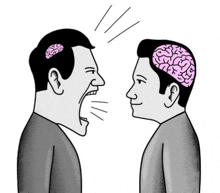 two men are talking to each other and one has a brain on his head