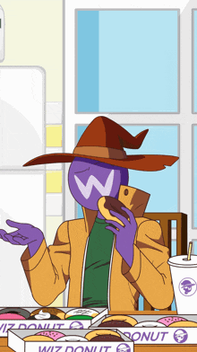a cartoon of a wizard eating a donut from a box that says ' wiz donut ' on it