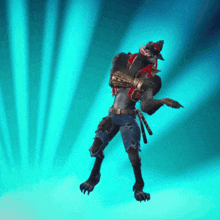 a werewolf in a cowboy outfit is dancing with a blue background