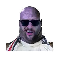 a bald man wearing sunglasses and a white shirt with an american flag around his neck