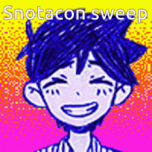 a pixel art drawing of a boy with blue hair and a rainbow background .