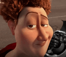 a close up of a cartoon character 's face with a black object in the background .