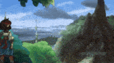 a painting of a girl looking at a mountain with a tower in the distance