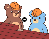 two teddy bears wearing hard hats are standing next to each other