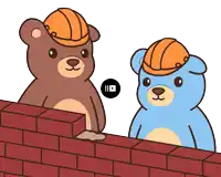 two teddy bears wearing hard hats are standing next to each other