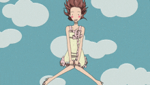 a girl in a dress is sitting in the sky