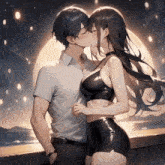 a boy and a girl are kissing in front of a full moon .