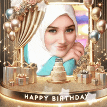 a woman in a hijab is surrounded by balloons and gifts with the words happy birthday on the bottom