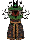 a cartoon drawing of a monster with a wreath around its neck