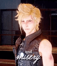 a man wearing a black vest that says " and misery " on it