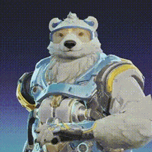 a polar bear is wearing a helmet and armor and holding a gun .