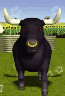 a black bull with white horns and a yellow smile