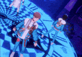 a man in a blue jacket with the word love on the back stands on a checkered floor