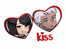 a couple of hearts with a man and a woman and the word kiss