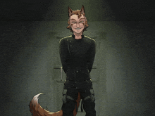 a cartoon drawing of a fox in a black jacket and pants