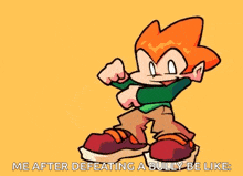 a cartoon of a person standing on a yellow background with the words `` me after defeating a bully be like : ''