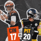 two football players standing next to each other holding signs that say pit 17 vs 20