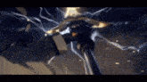 a person is standing in a dark room with a sword in their hand